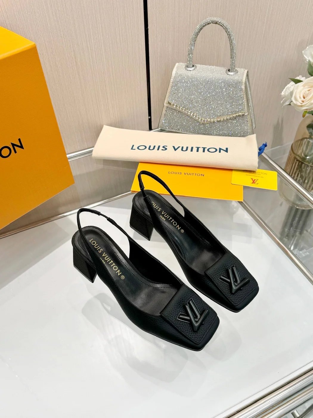 Louis Vuitton Women Black Leather Slingback Heels — Square-Toe Style product view 5