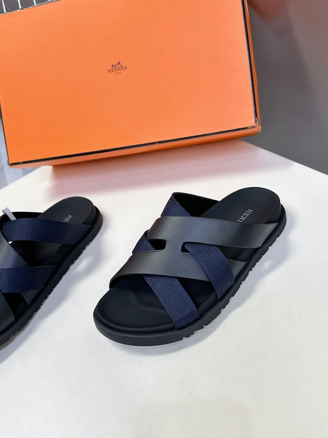 Hermès Women Navy Blue Leather And Fabric Sandals product view 4