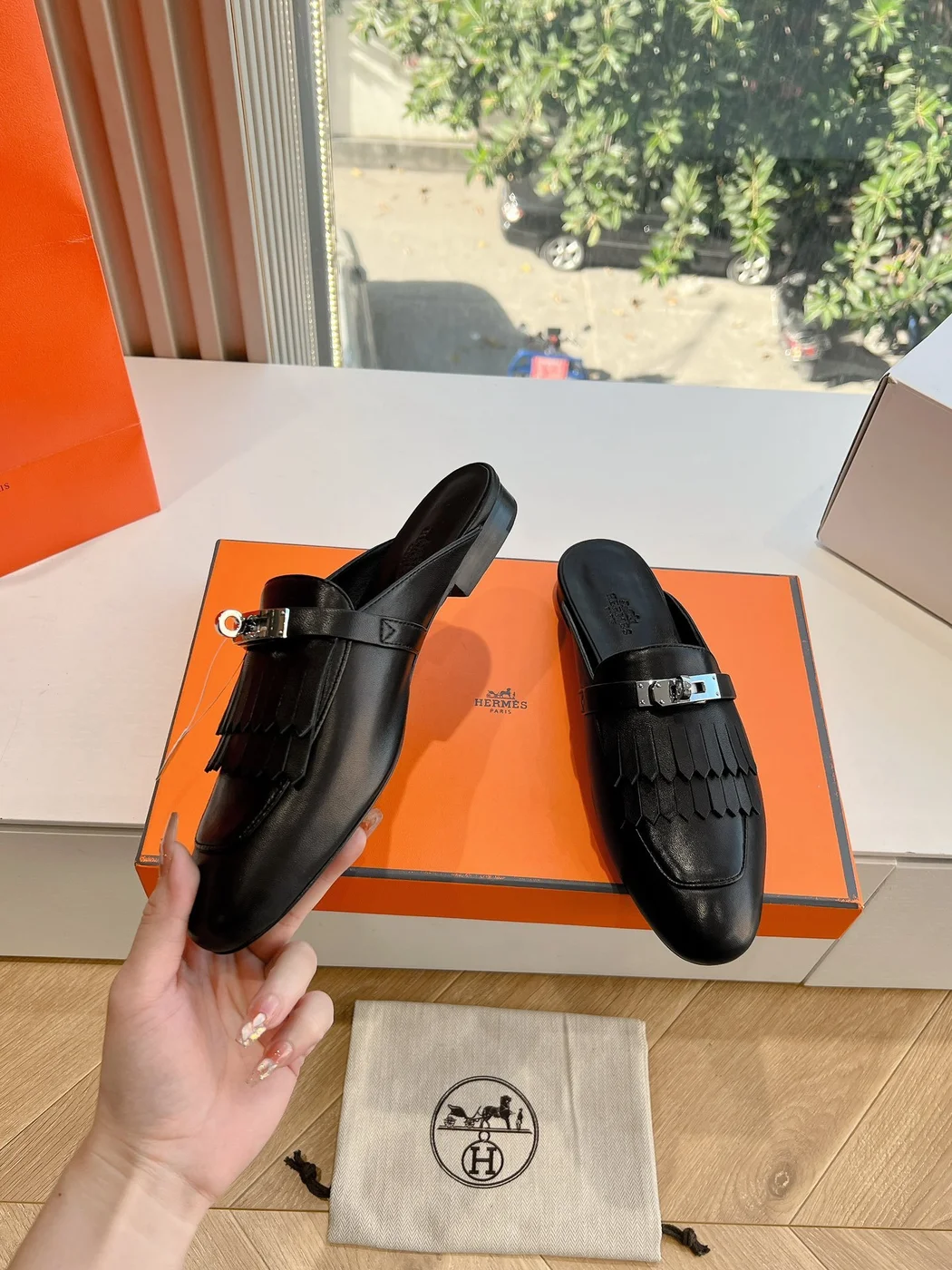 Hermès Women Black Leather Mules — Textured Loafer Style product view 5