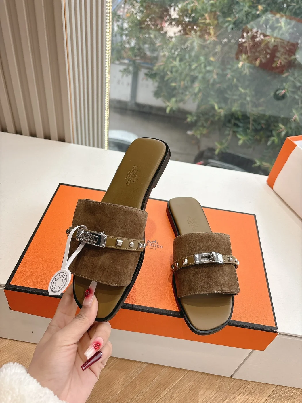 Hermès Women Brown Suede Slide Sandals product view 6