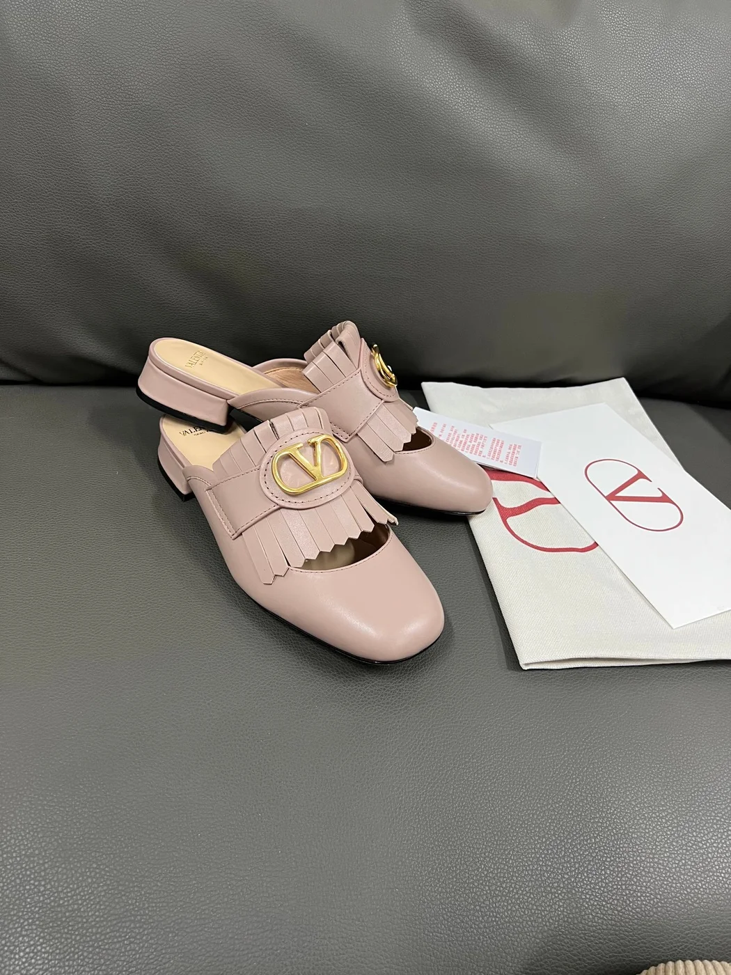 Valentino Women Blush Pink Leather Fringe Mules product view 3
