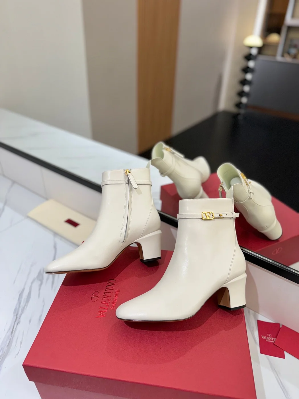 Valentino Women White Leather Ankle Boots product view 6