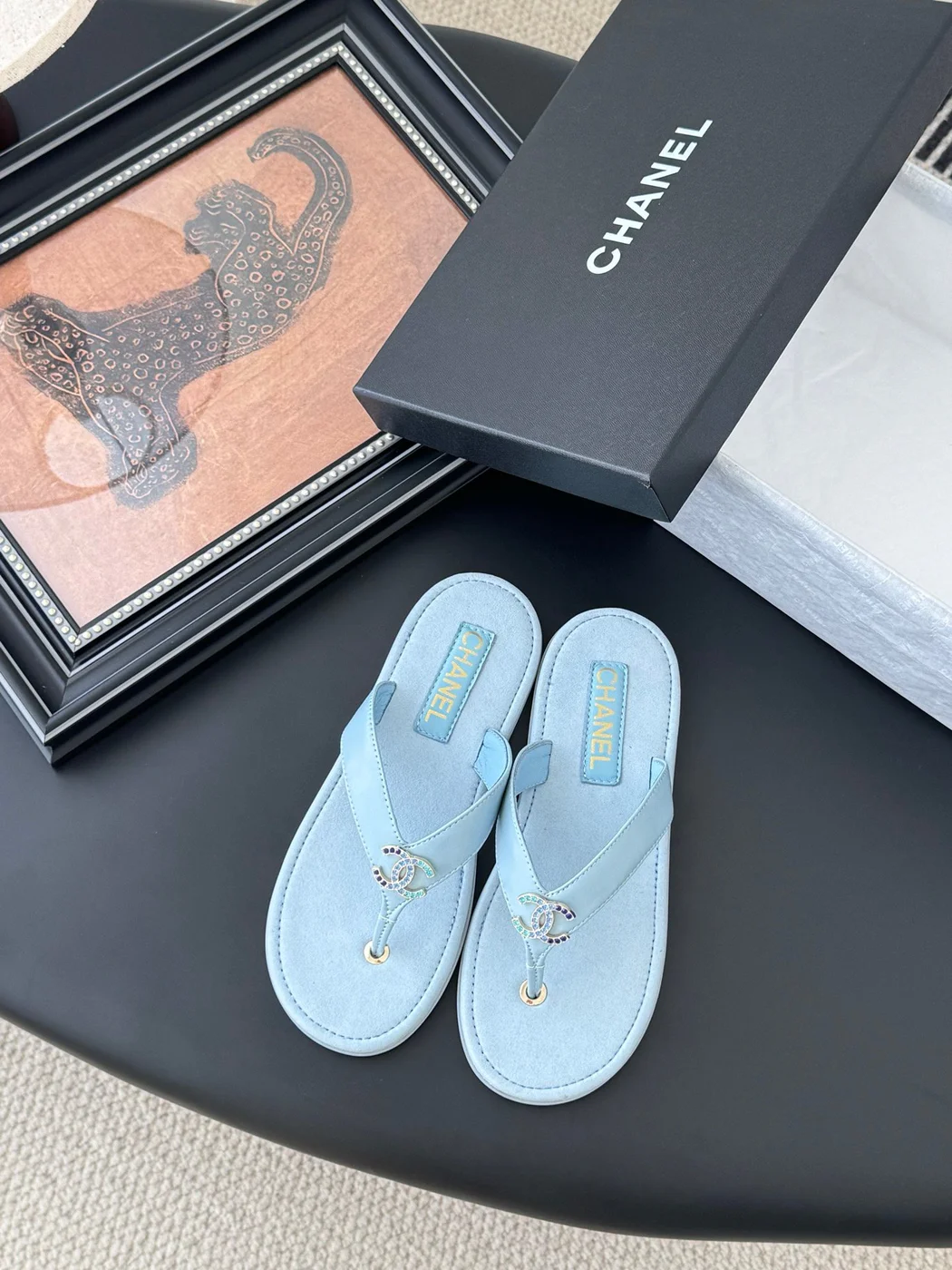 Chanel Women Light Blue Leather Embellished Sandals product view 1