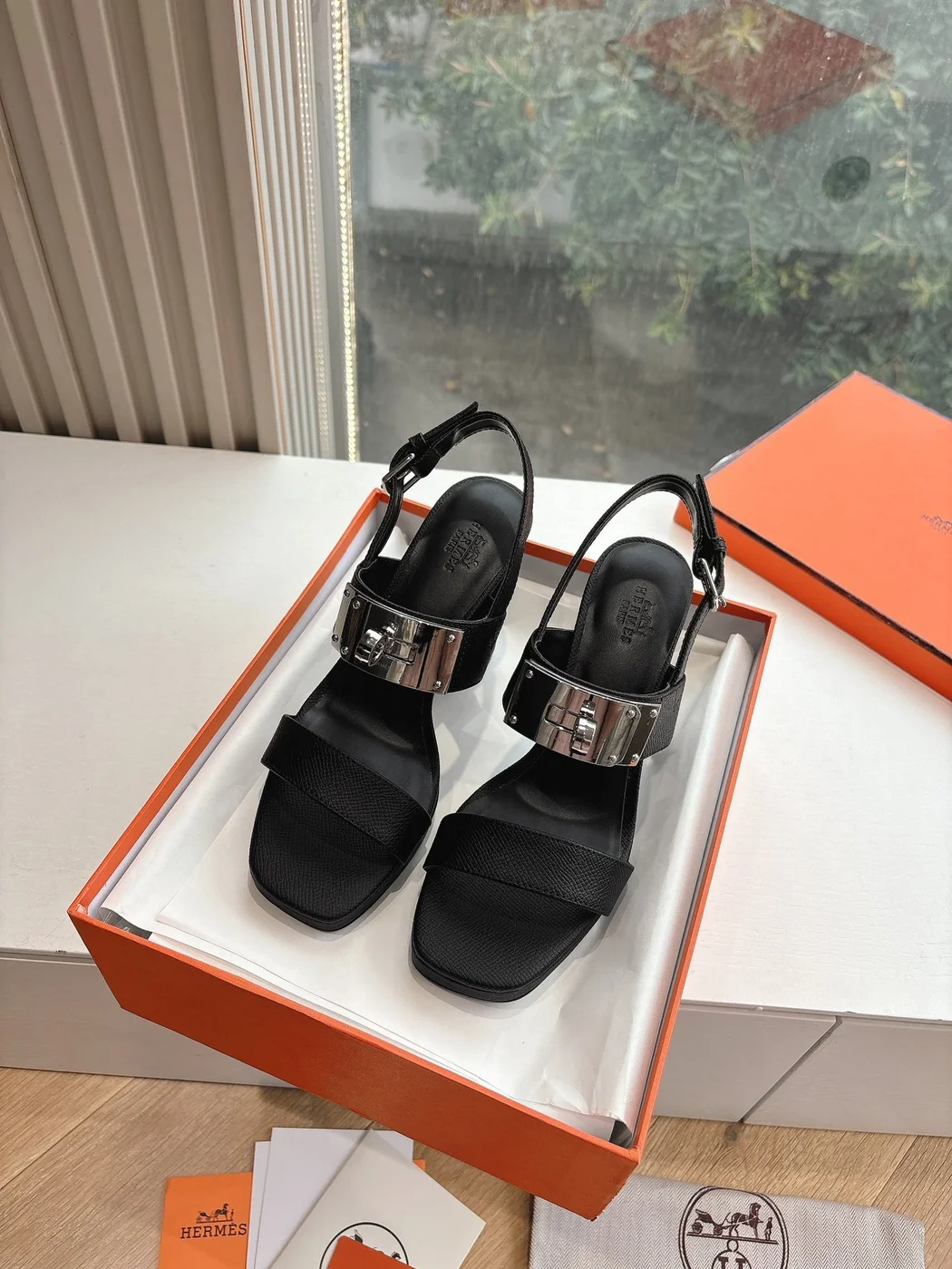 Hermès Women Black Leather Sandals — Wide-Strap Slingback product view 5