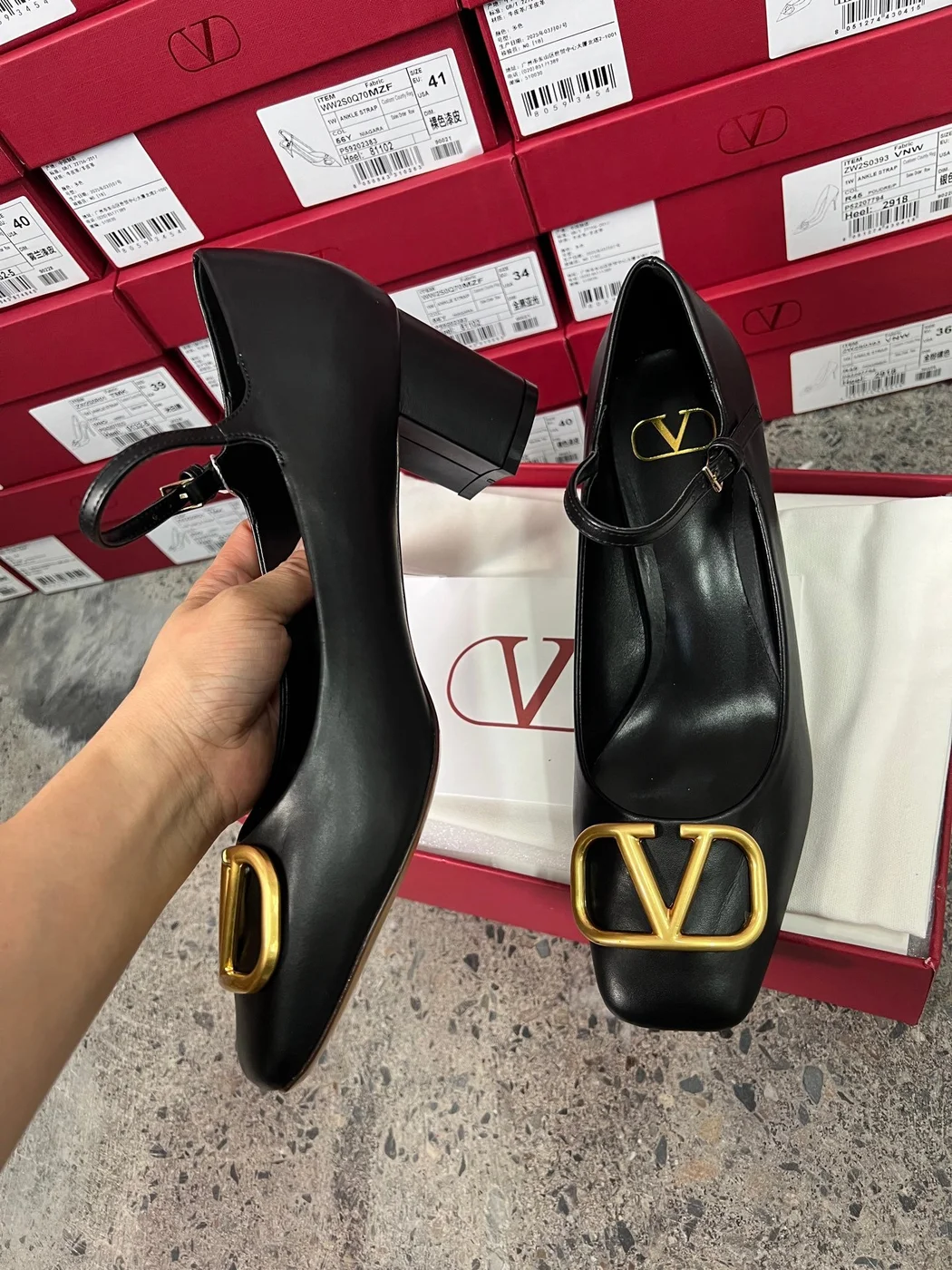Valentino Women Black Mary Jane Heels with Gold-Tone VLogo Detail product view 4