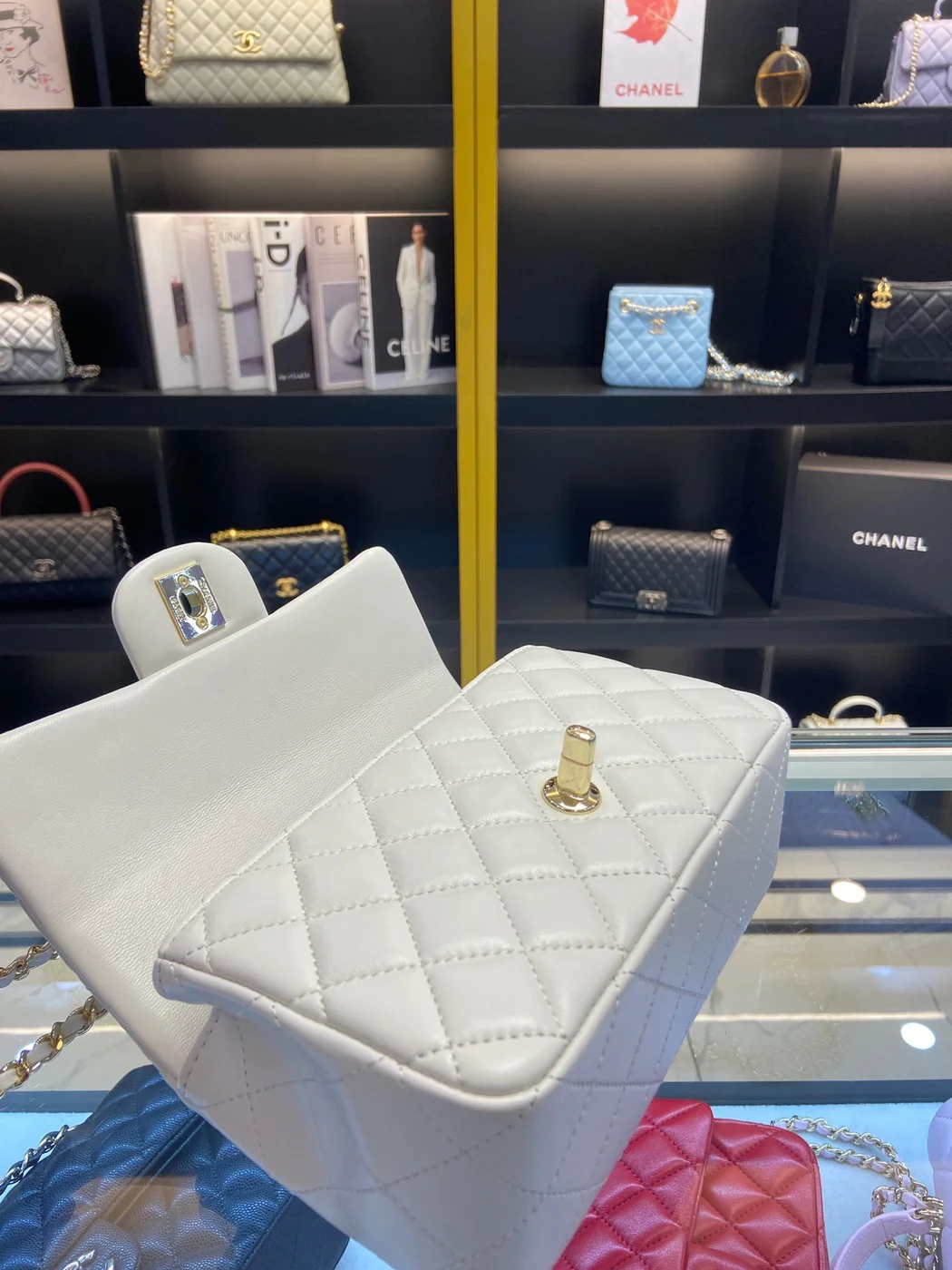 Chanel Handle Charm Handbags Lock Gold Demi White 20x12cm product view 7