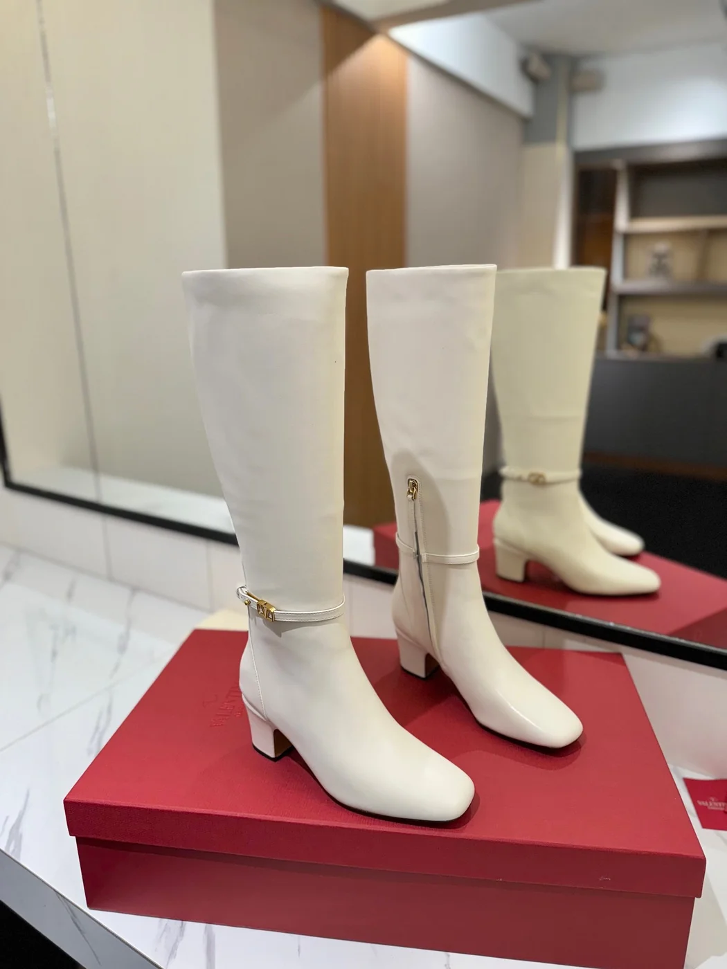Valentino Women White Leather Knee High Boots — Plain Shaft product view 1