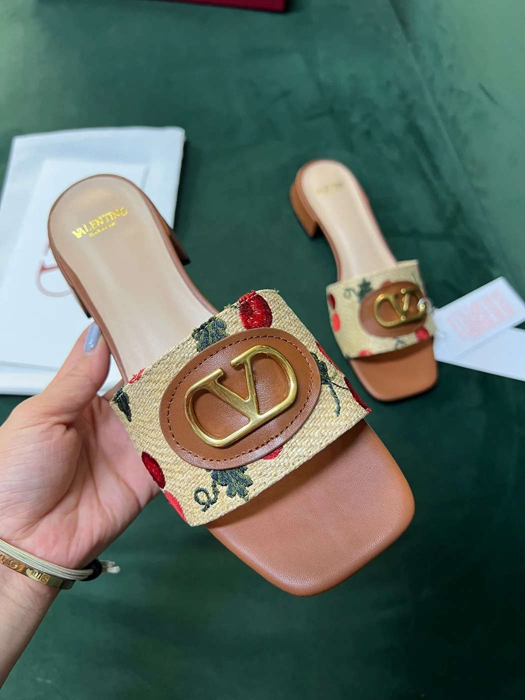 Valentino Women Brown Leather Canvas Floral Mules product view 3