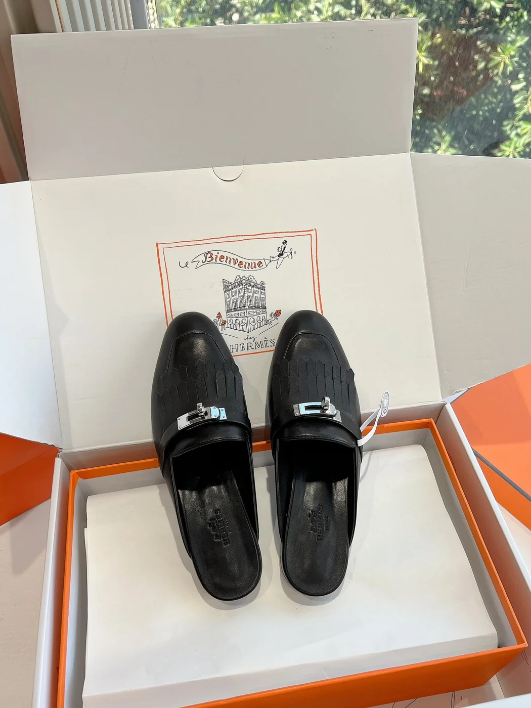 Hermès Women Black Leather Mules — Textured Loafer Style product view 3