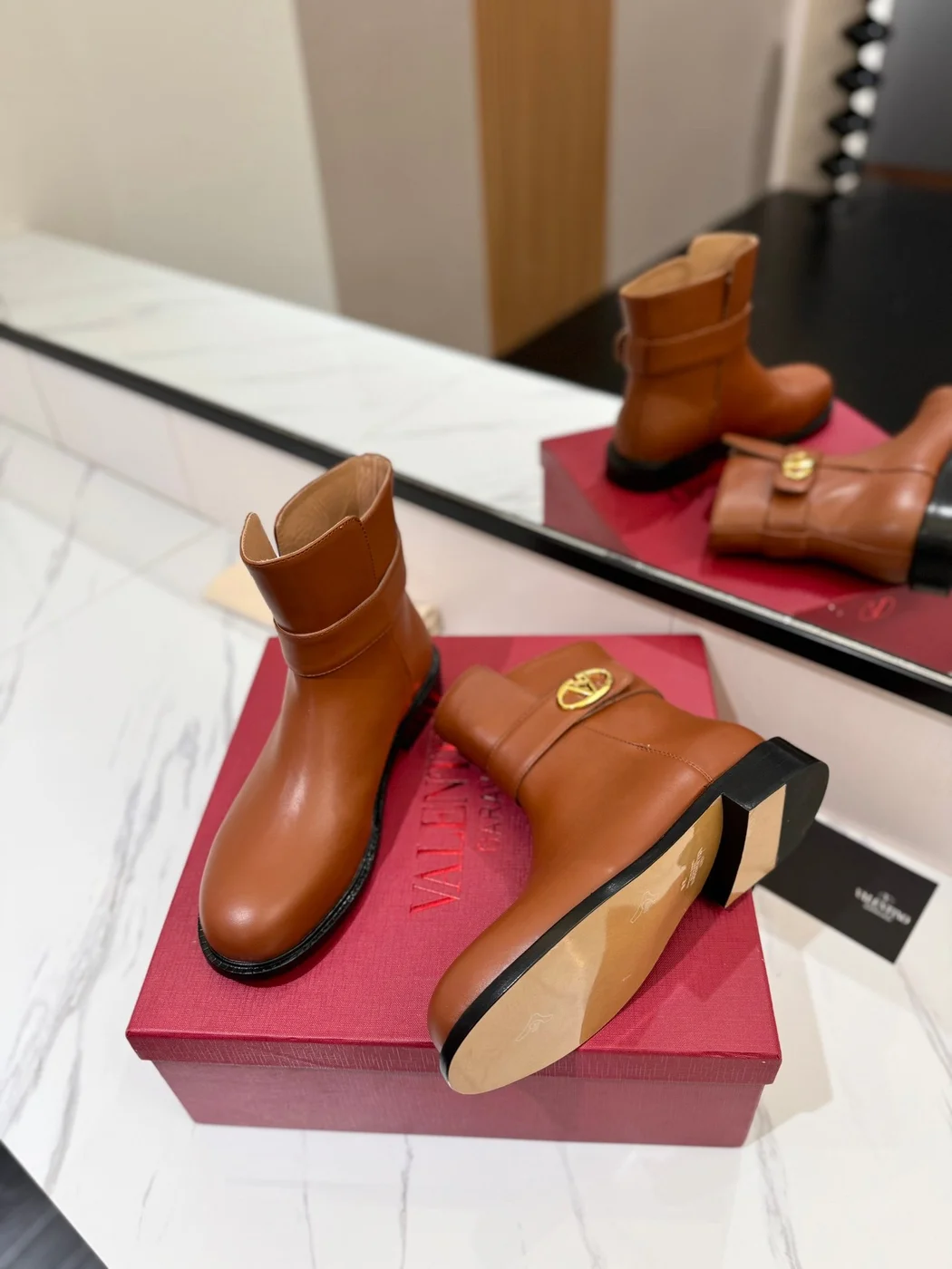 Valentino Women Brown Leather Ankle Boots — Low-Heel Chain-Cuff Style product view 6