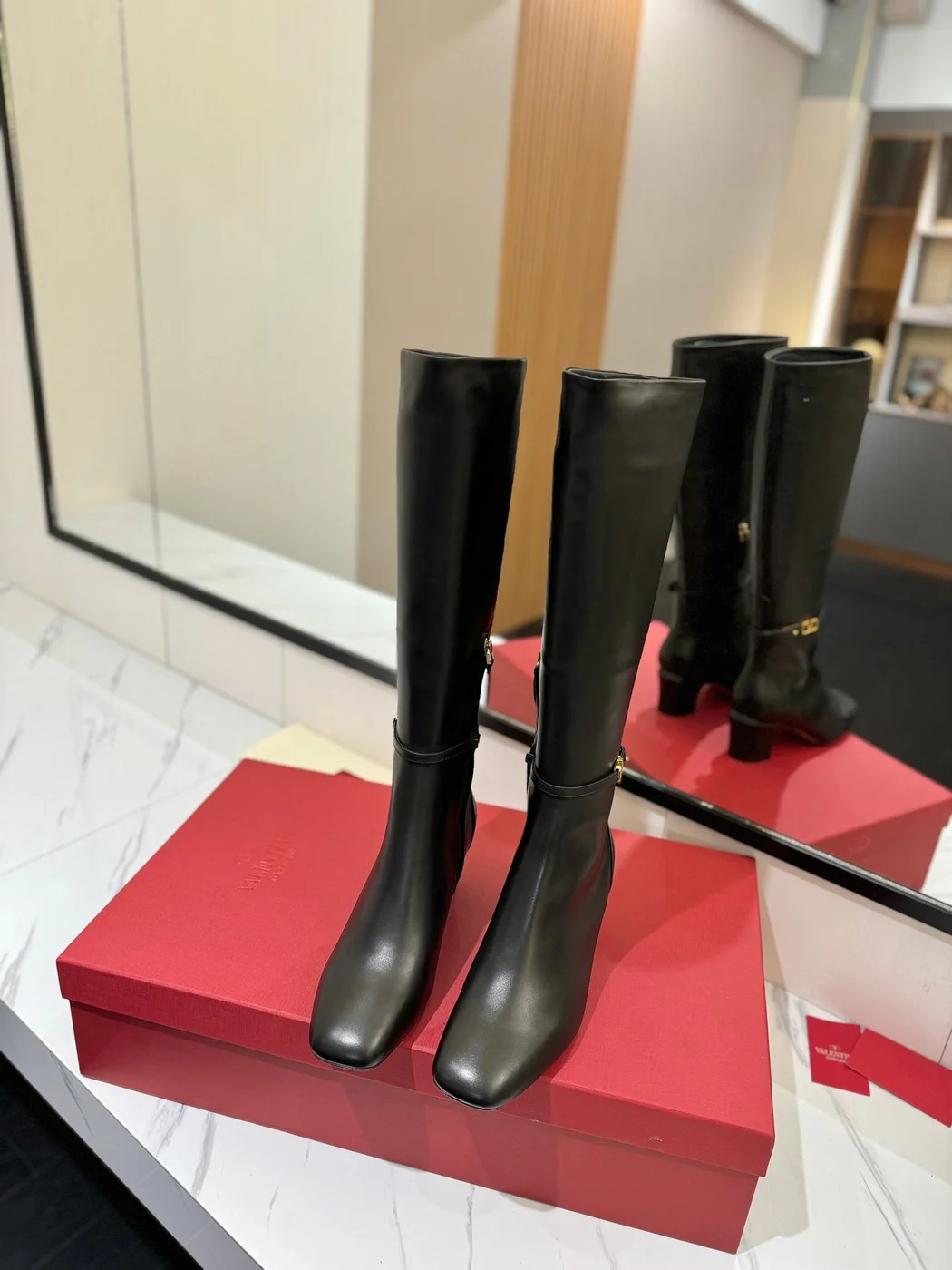 Valentino Women Black Leather Knee High Boots — Heeled Ankle-Strap Style product view 4