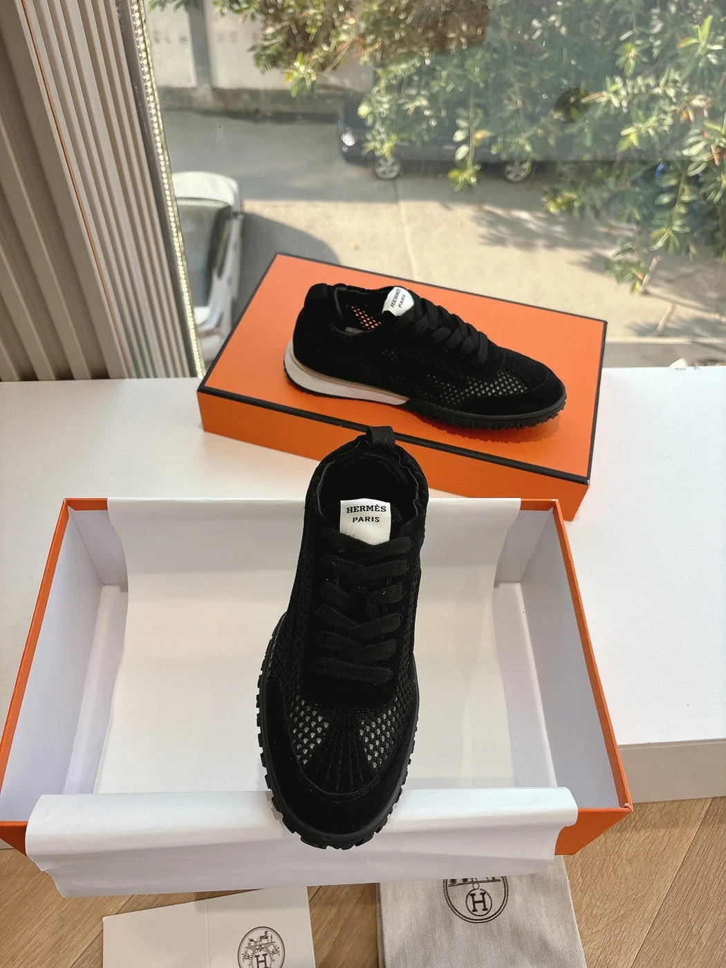 Hermès Women Black Suede Mesh Sneakers product view 4
