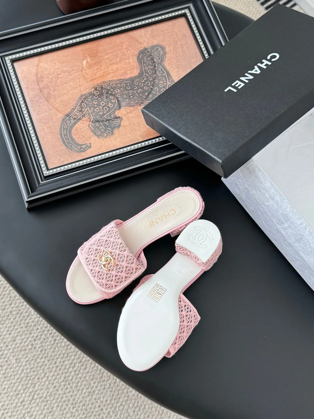 Chanel Women Pink Woven Leather Slides product view 5