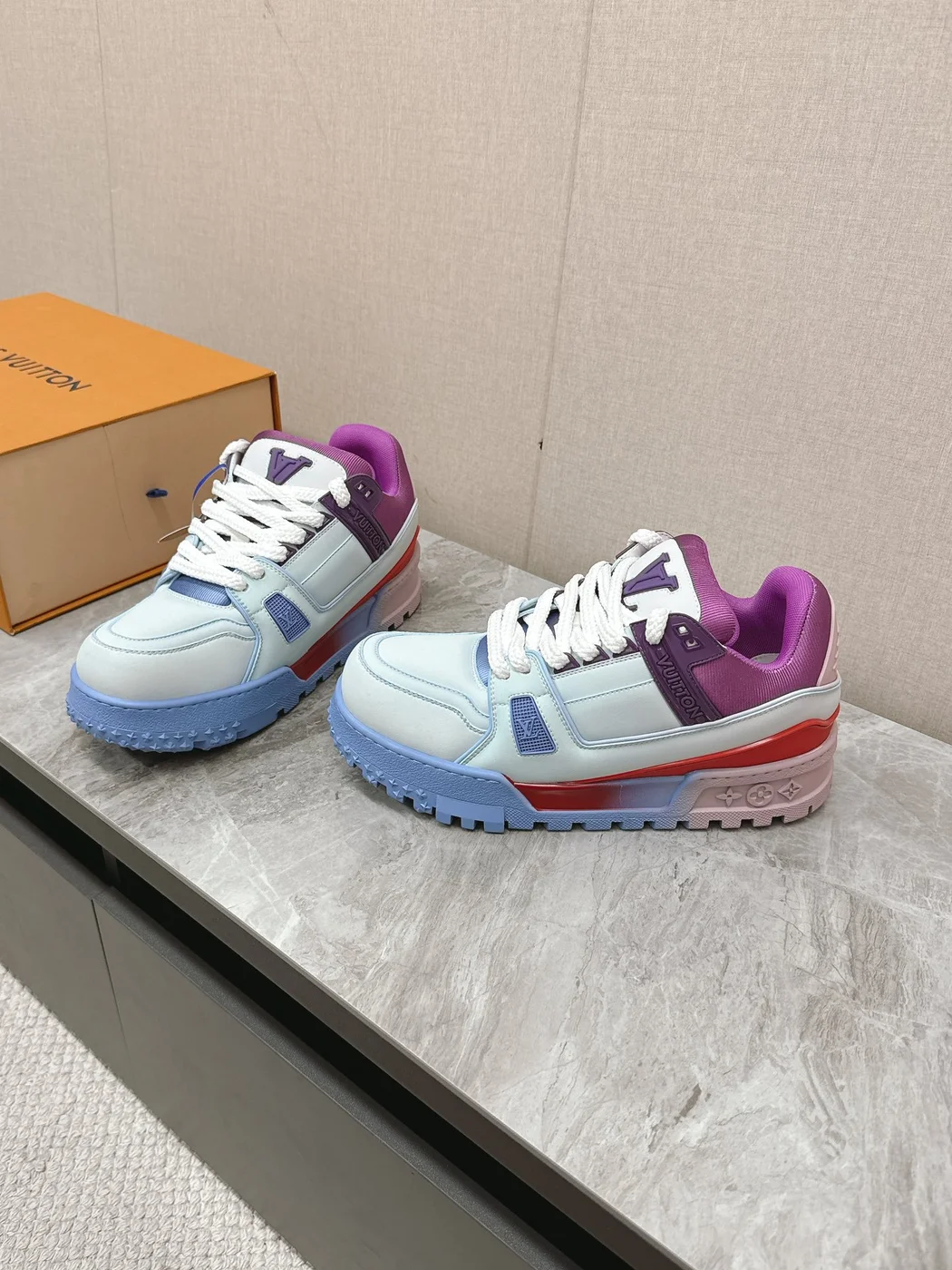 Louis Vuitton Women Sneakers — White and Light Blue with Purple Collar product view 3