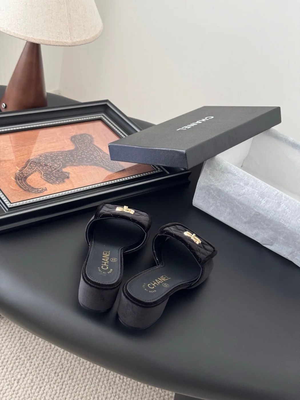 Chanel Women Black Quilted Velvet Slides product view 3