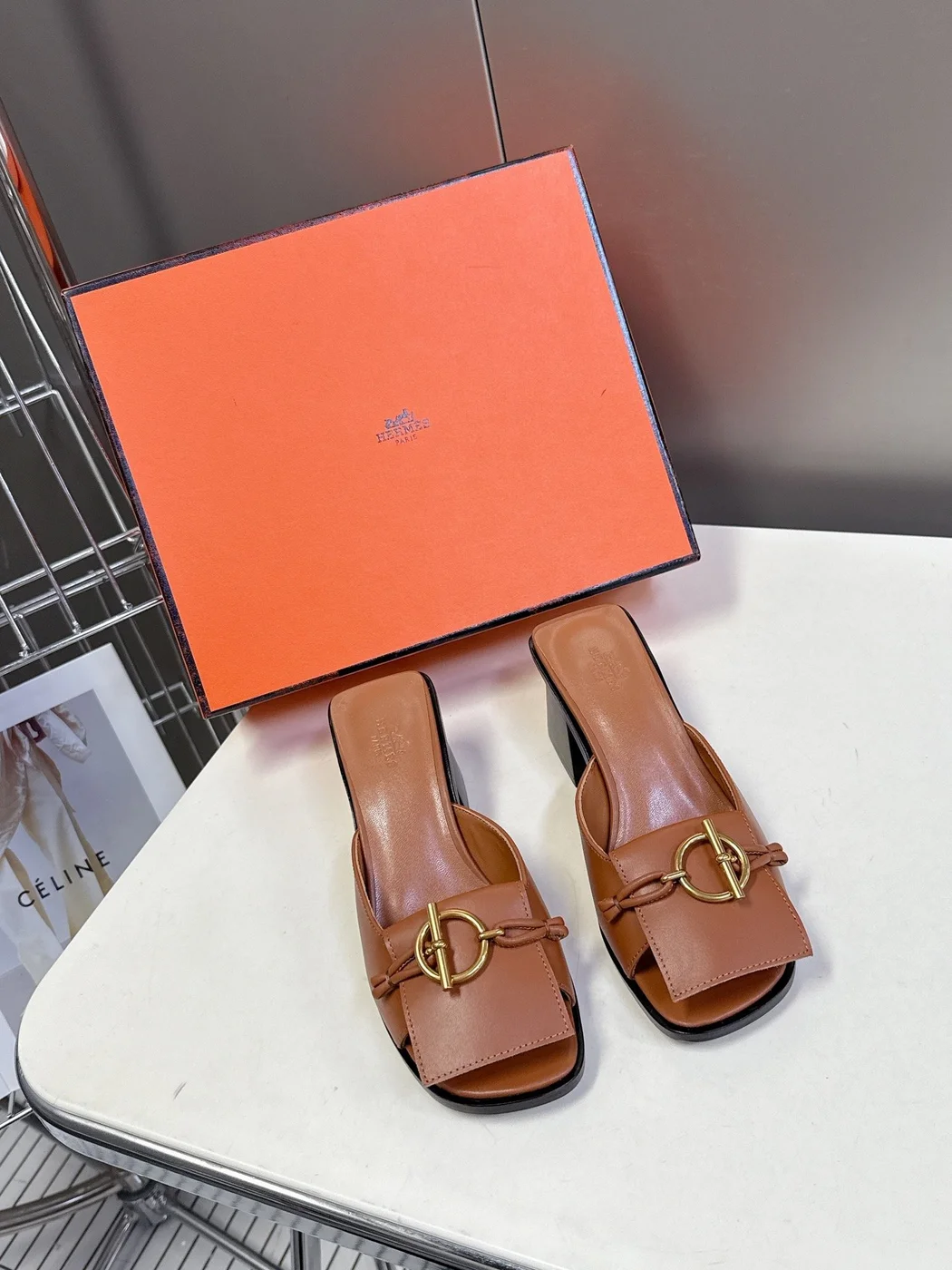 Hermès Women Brown Leather Heels — Open-Toe Buckle Style product view 1