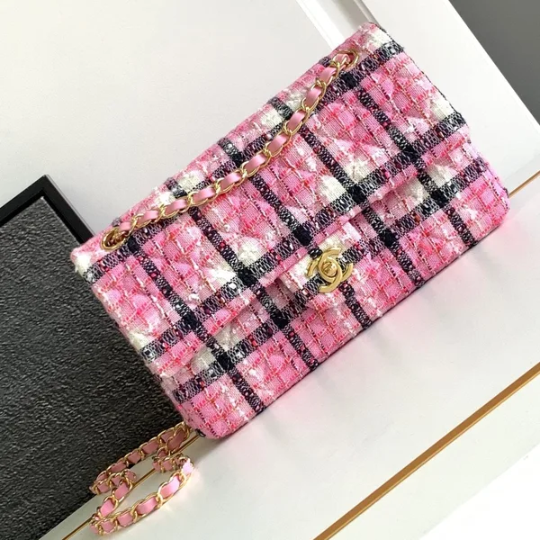Chanel Cc Medium 25 Classic Bag In Light Pink Mix Black Wool Tweed product photo