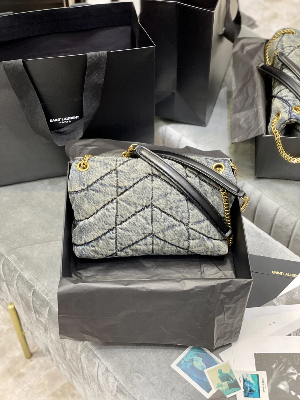 Saint Laurent Chevron Quilted Shoulder Bag Black and Gray product view 6