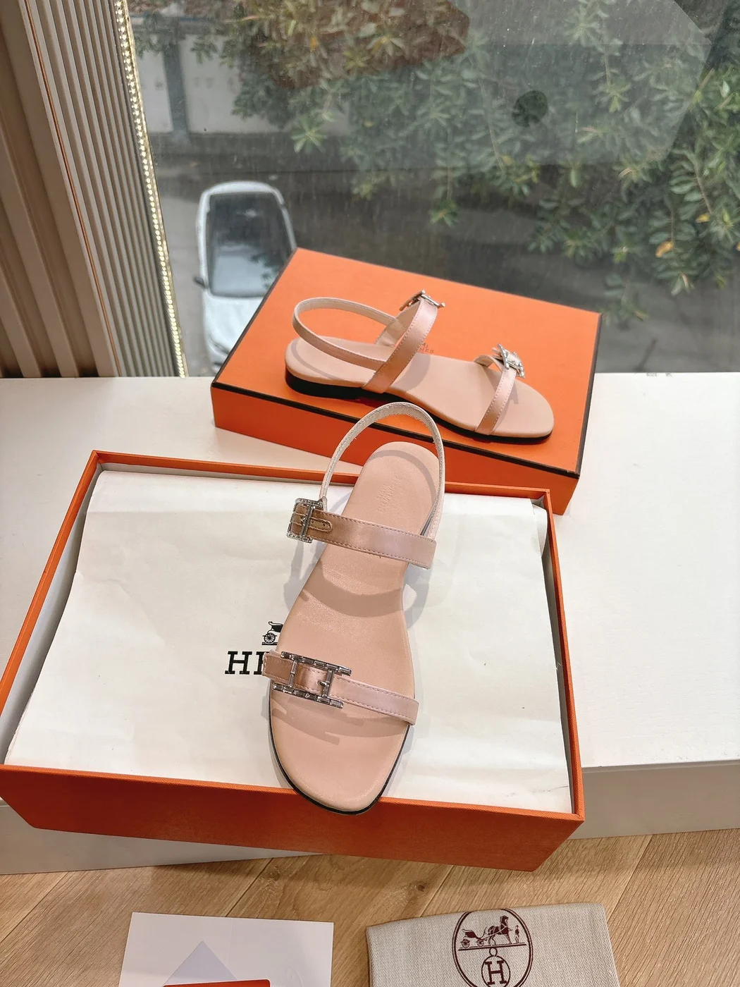 Hermès Women Beige Leather Strappy Sandals — Metal-Bar Strap Detail product view 3