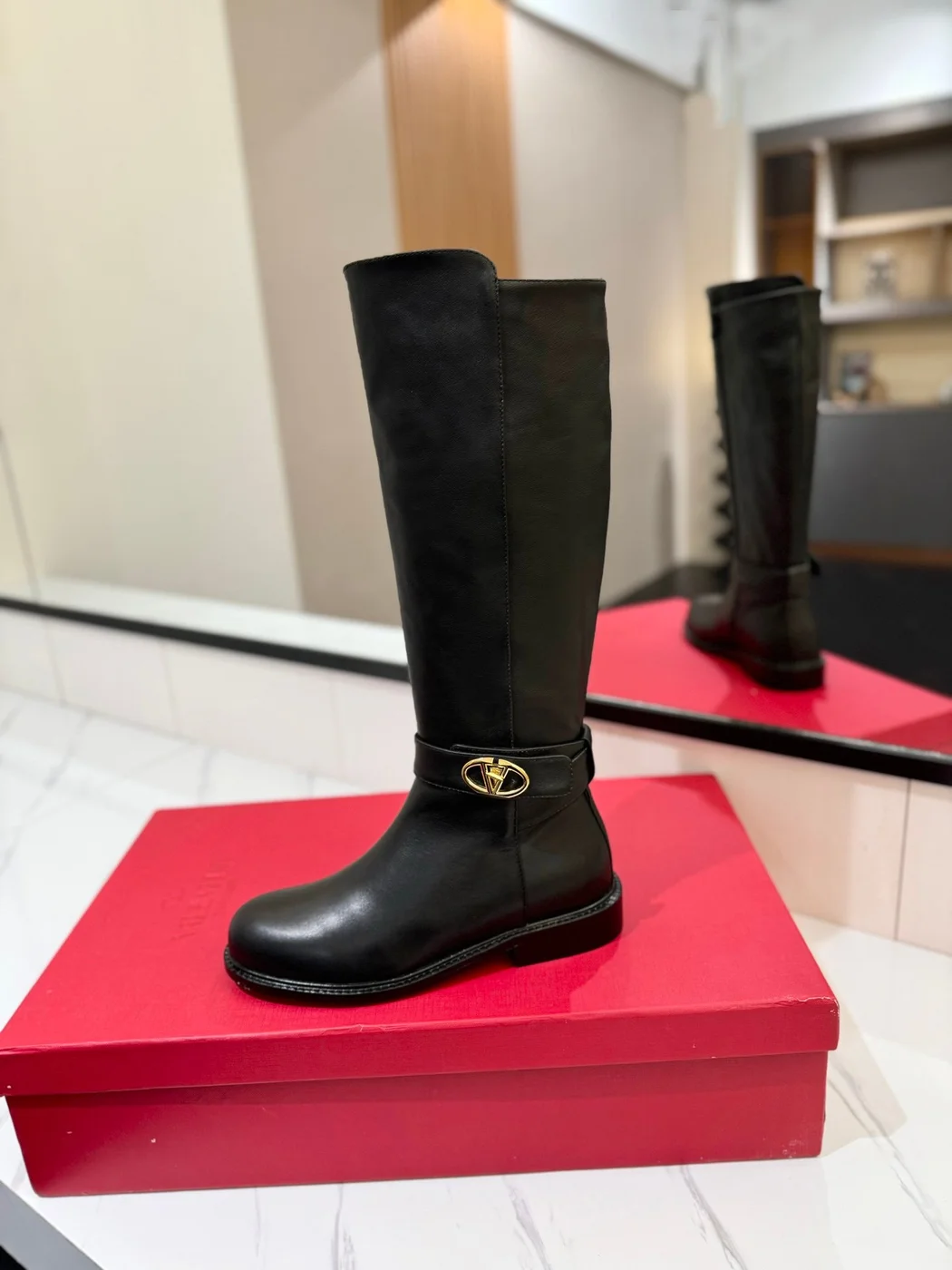 Valentino Women Black Leather Knee High Boots — Low-Heel Ankle-Strap Style product view 5
