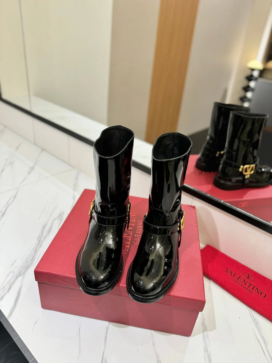 Valentino Women Black Patent Leather Boots — VLogo Ankle-Strap Style product view 4