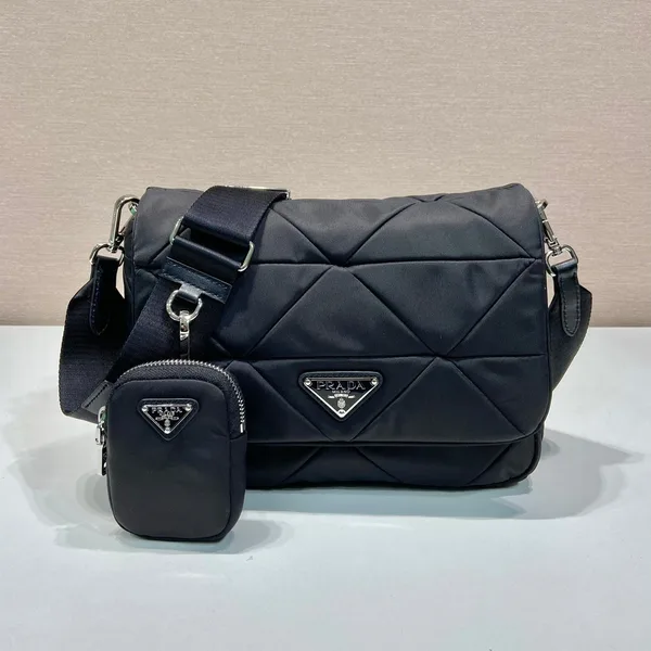 Prada Medium Flap Bag 24 In Black Triangular Quilted Pattern Re-Nylon product photo