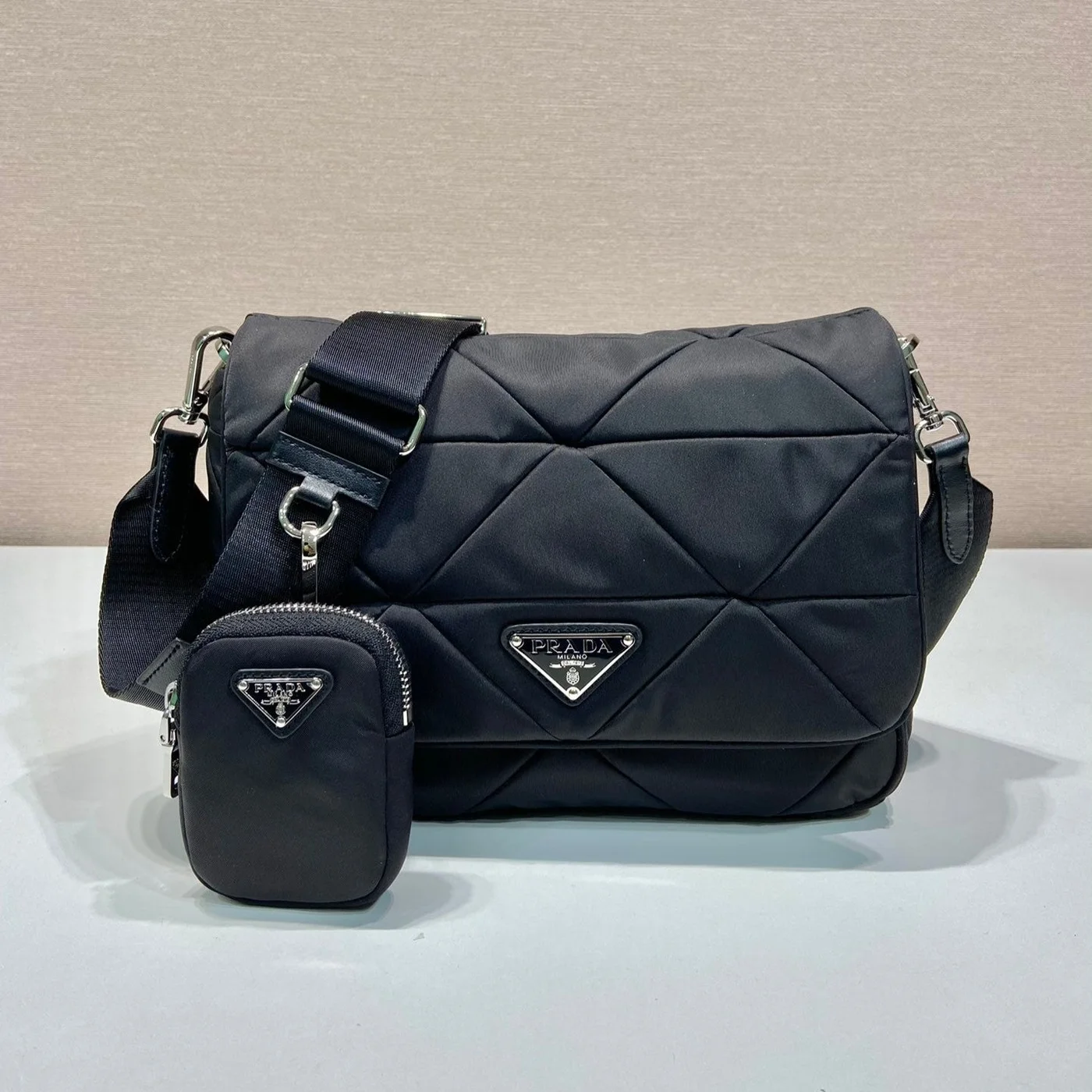 Prada Medium Flap Bag 24 In Black Triangular Quilted Pattern Re-Nylon product view 1
