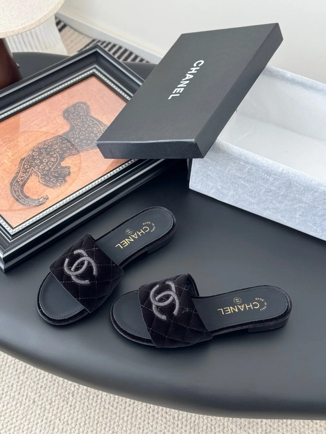 Chanel Women Black Velvet Quilted Slides product view 2