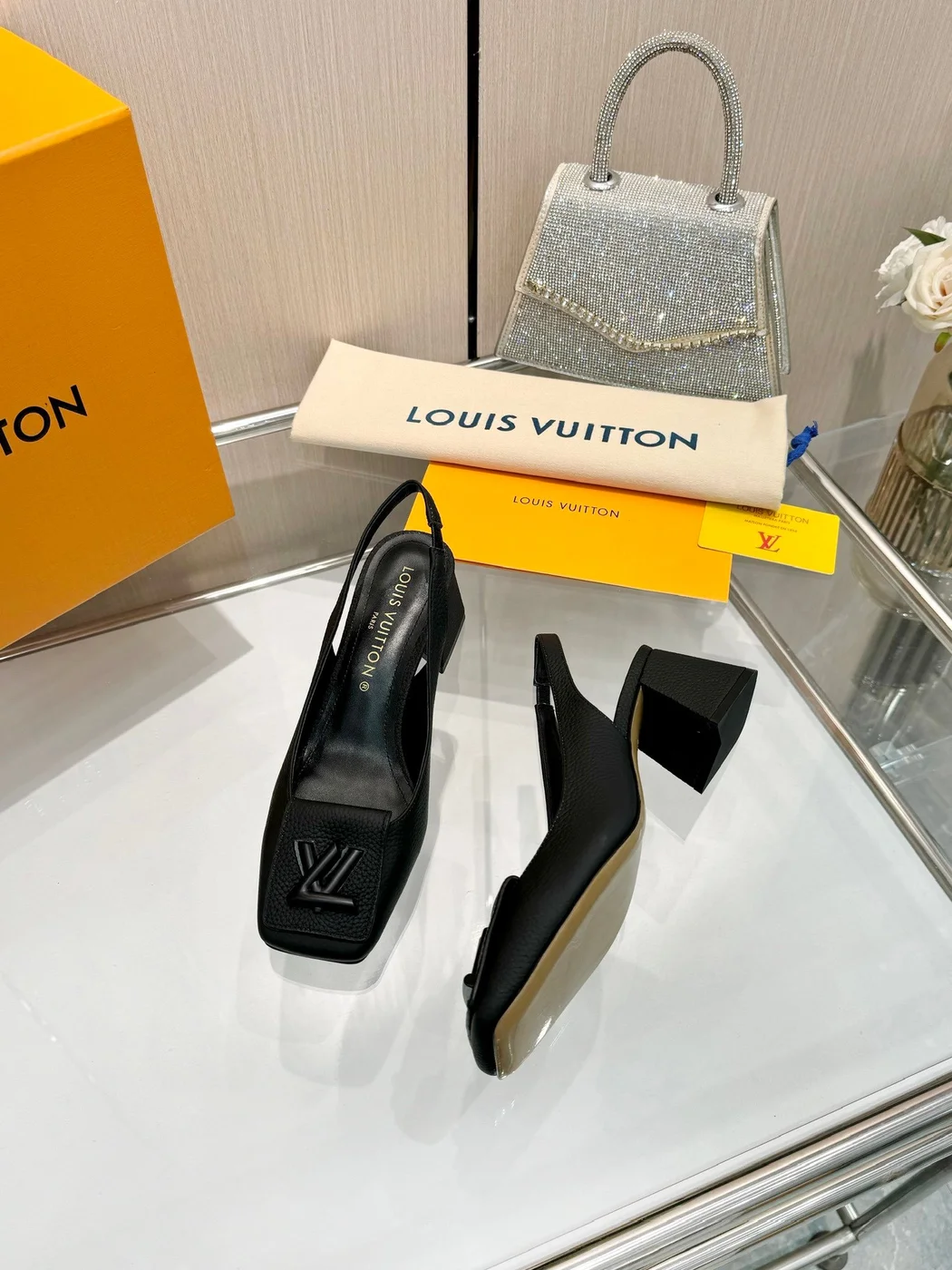 Louis Vuitton Women Black Leather Slingback Heels — Square-Toe Style product view 4