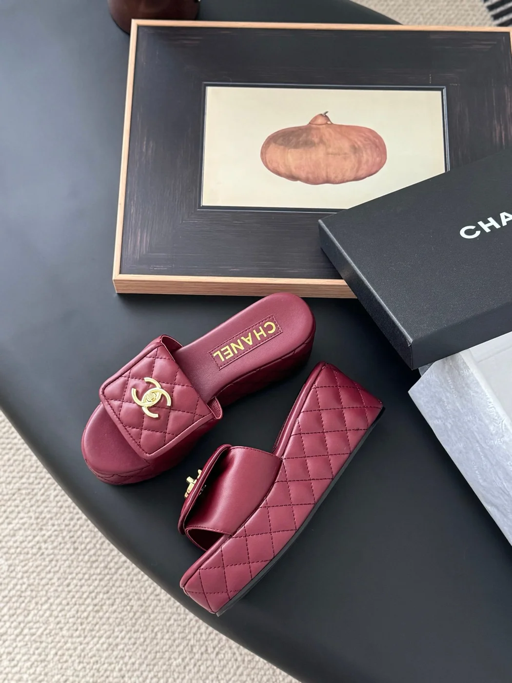 Chanel Women Burgundy Quilted Leather Slides — Gold-Tone CC Detail product view 4