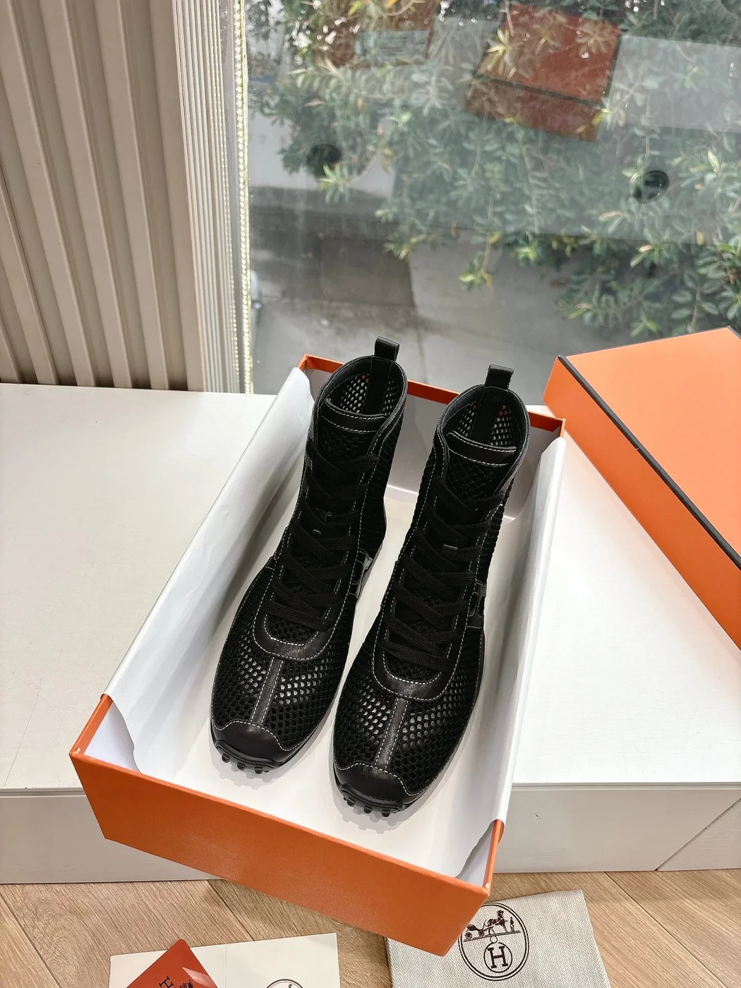 Hermès Women Black Mesh And Leather Boots product view 3