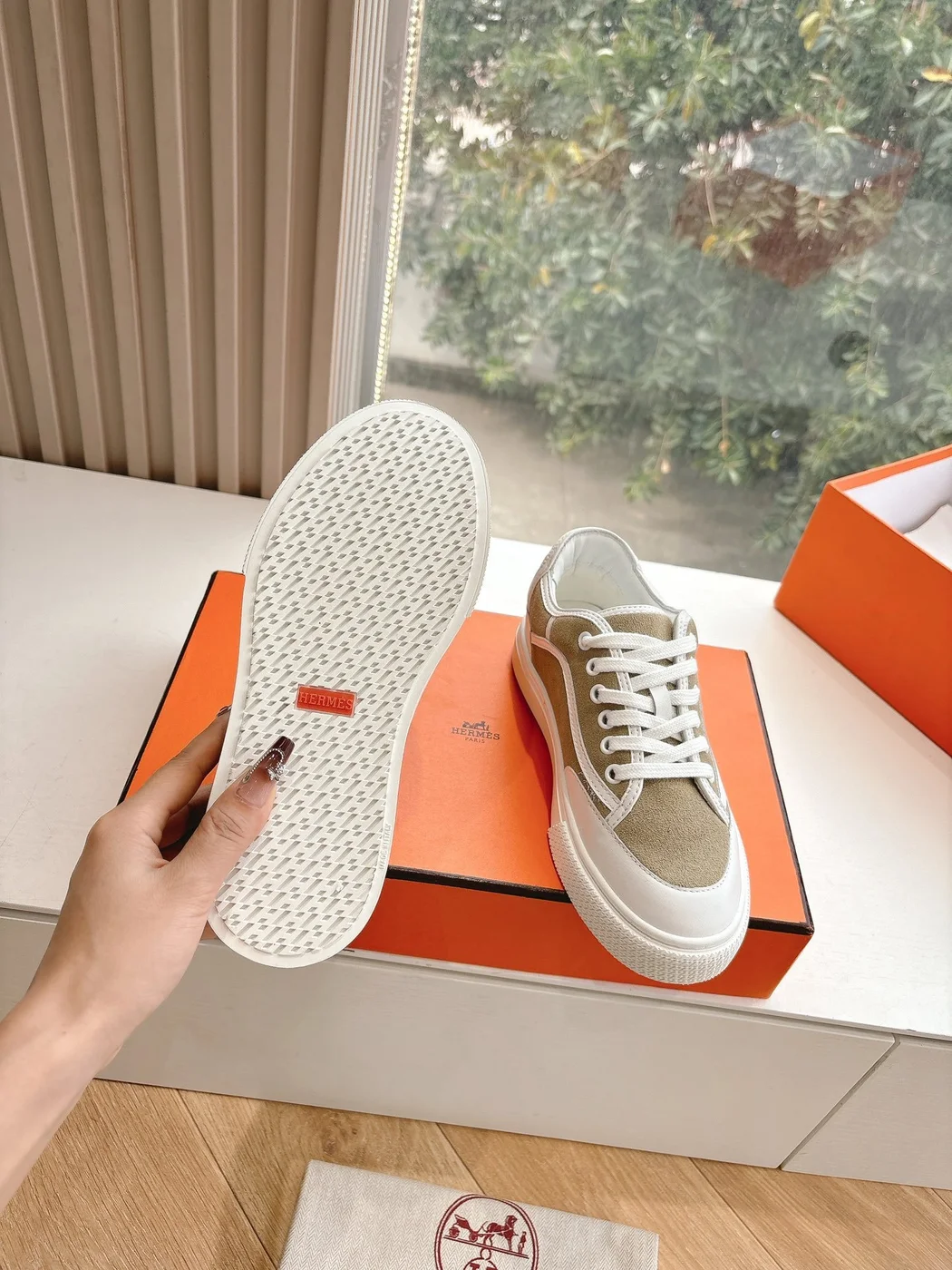 Hermès Women Beige Suede White Leather Sneakers product view 2