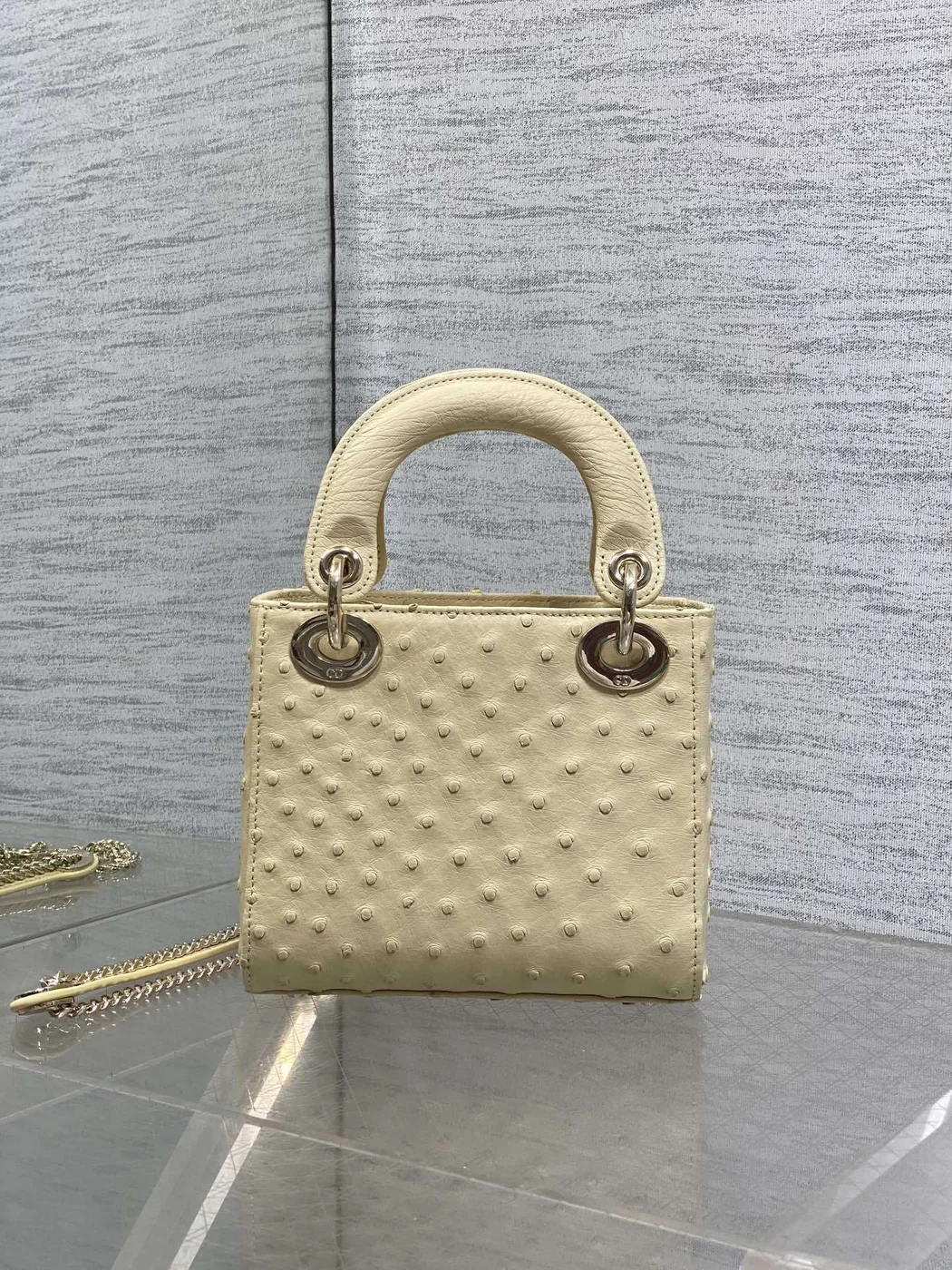 Dior Mini Lady Dior bag in Beige ostrich leather product view 3
