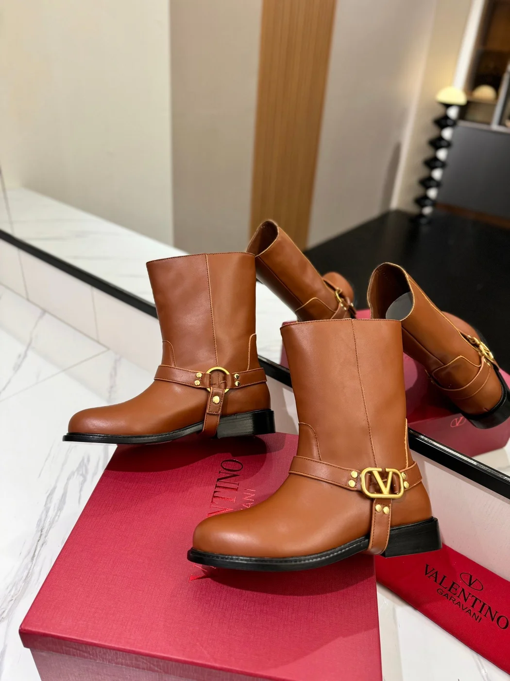 Valentino Women Brown Leather Mid-Calf Boots product view 6