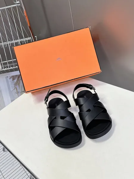 Hermès Women Black Leather Strappy Sandals — Wide Cross-Strap product photo