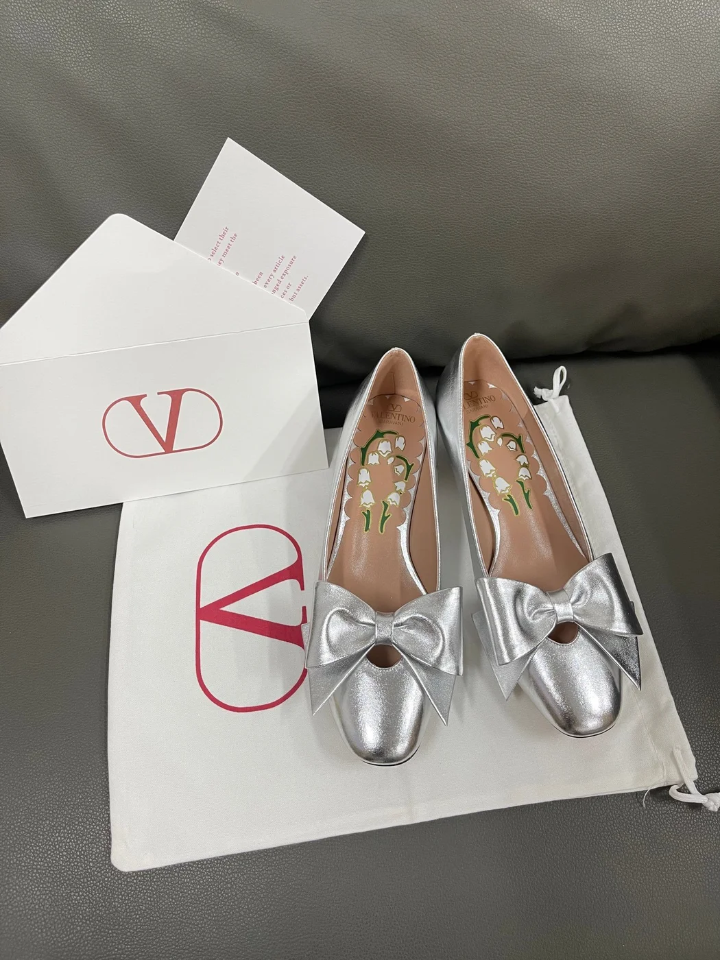 Valentino Women Silver Leather Bow Detail Flats product view 1