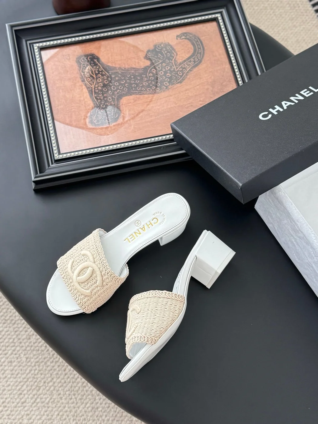 Chanel Women Woven-Fabric Slides — Beige with White Heeled Sole product view 4