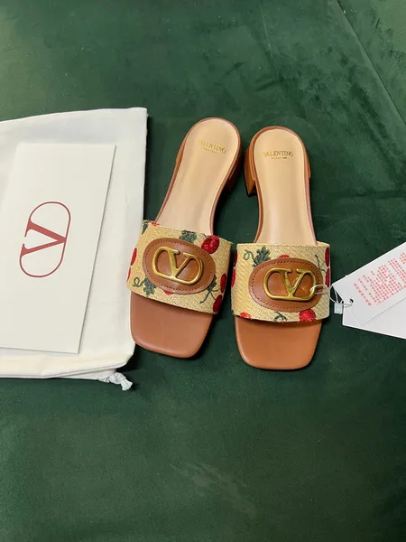 Valentino Women Brown Leather Canvas Floral Mules product photo
