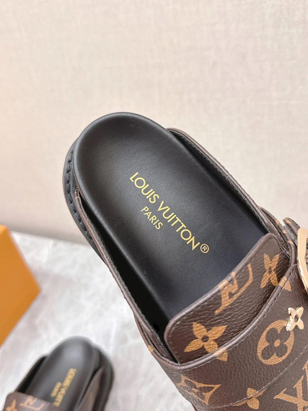 Louis Vuitton Women Brown Leather Monogram Mules — Round Gold-Tone Buckle Detail product view 2