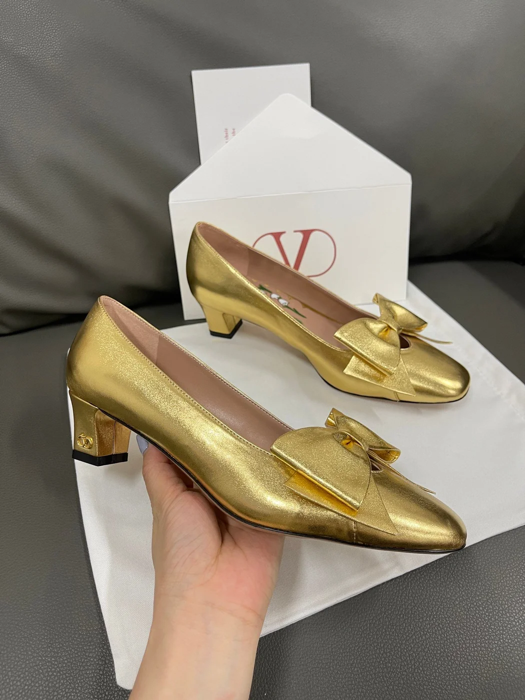 Valentino Women Gold Leather Bow Detail Pumps product view 5