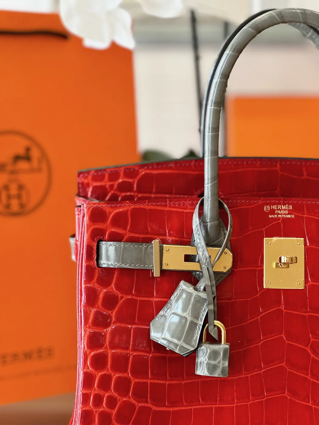 Hermès Birkin 30 Red/Liam Blue Crocodile Leather Gold Hardware. – Custom Made Bag product view 4