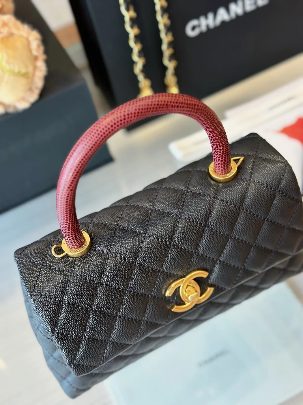 Chanel Handbag Coco Lock Gold Lizard Skin Black 24 cm product view 4