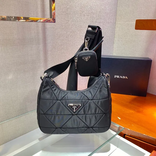 Prada Hobo Bag 24 In Black Triangular Quilted Pattern Re-Nylon product photo