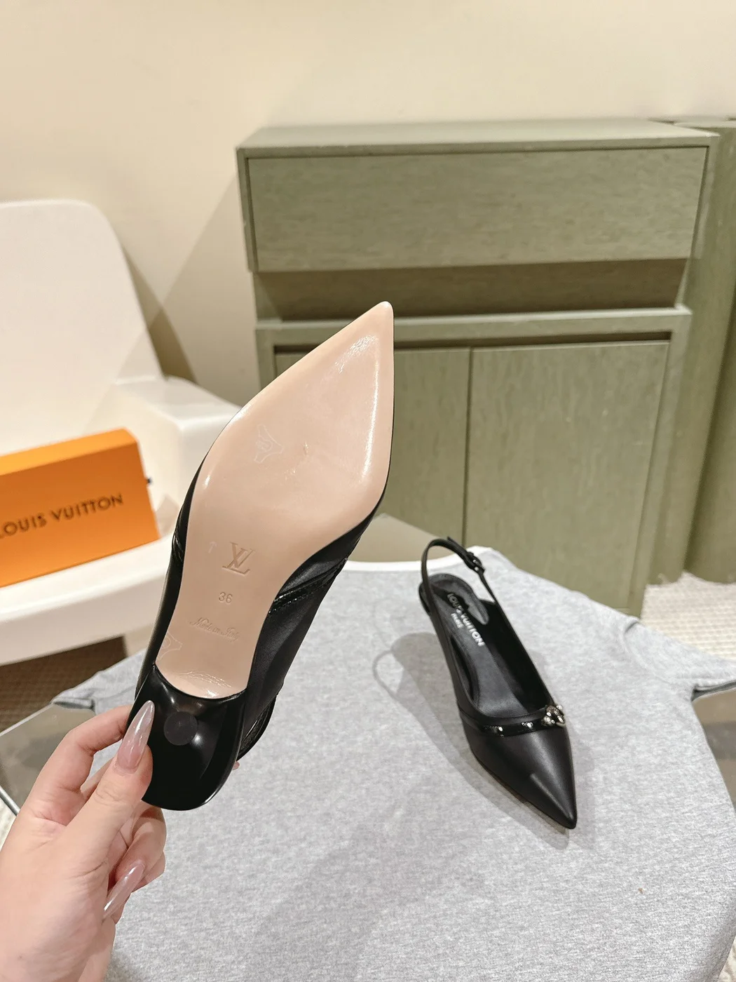 Louis Vuitton Women Black Leather Slingback Heels — Pointed-Toe Style product view 2