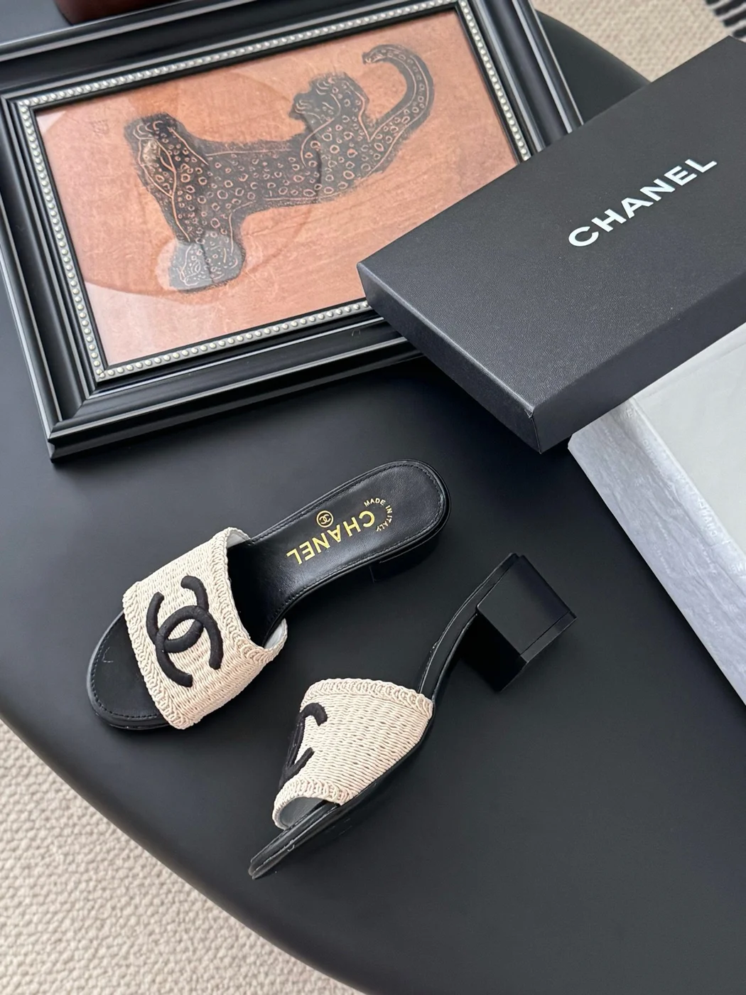 Chanel Women Beige Woven Fabric Black Leather Slides product view 4