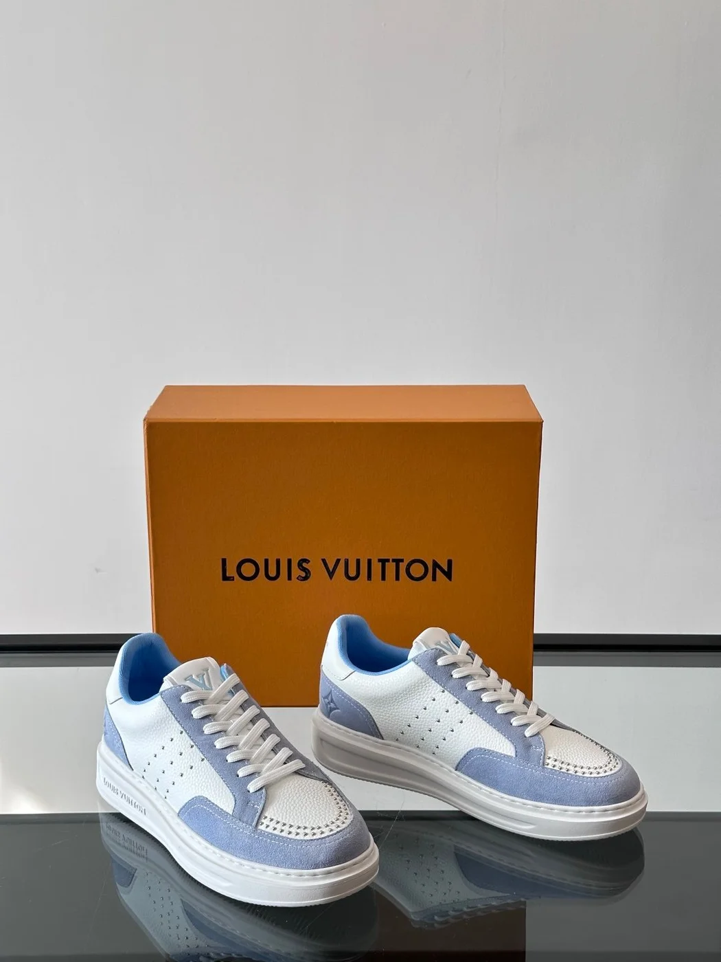 Louis Vuitton Men White Blue Leather Suede Sneakers product view 5
