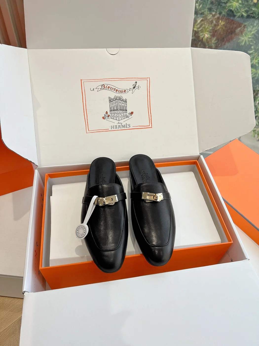 Hermès Women Black Leather Mules — Metal-Bar Loafer Style product view 3