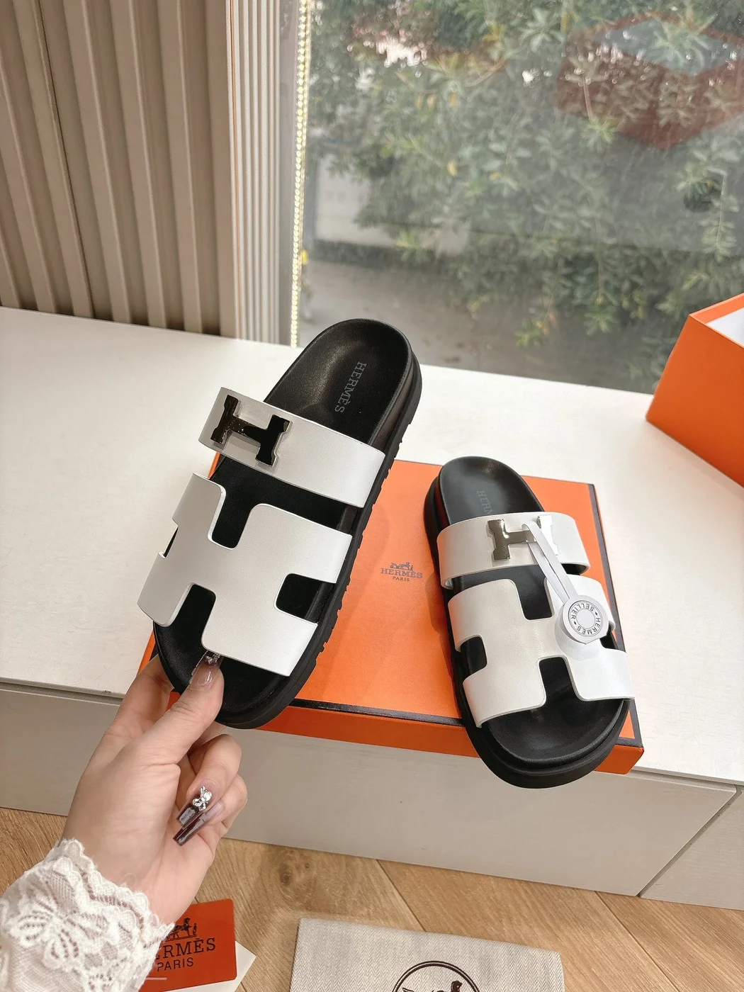 Hermès Women White and Black Double H-Strap Slide Sandals product view 6
