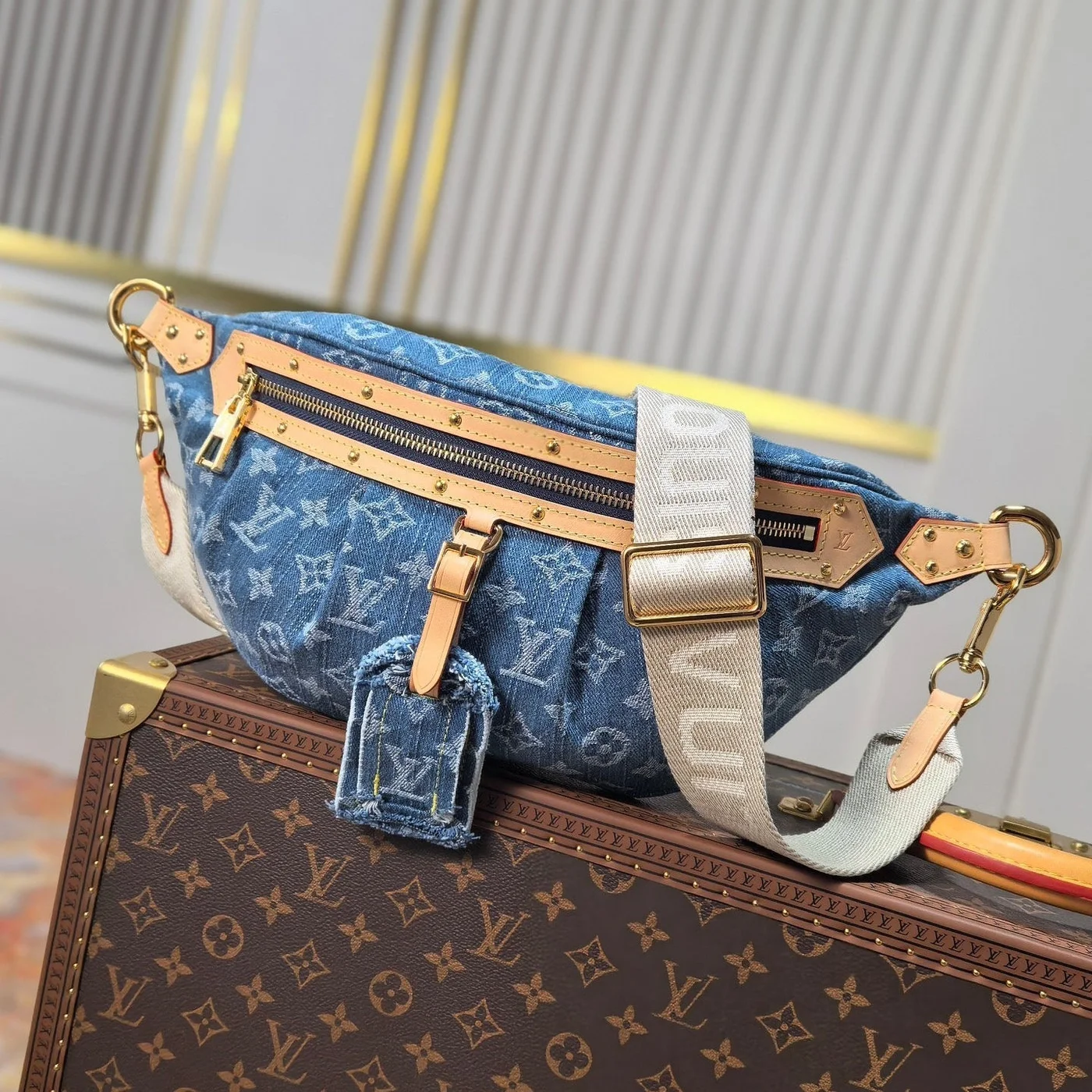Louis Vuitton 25S Bumbag 38 In Blue Monogram Denim Leather Trim Gold Hardware Bag product view 1