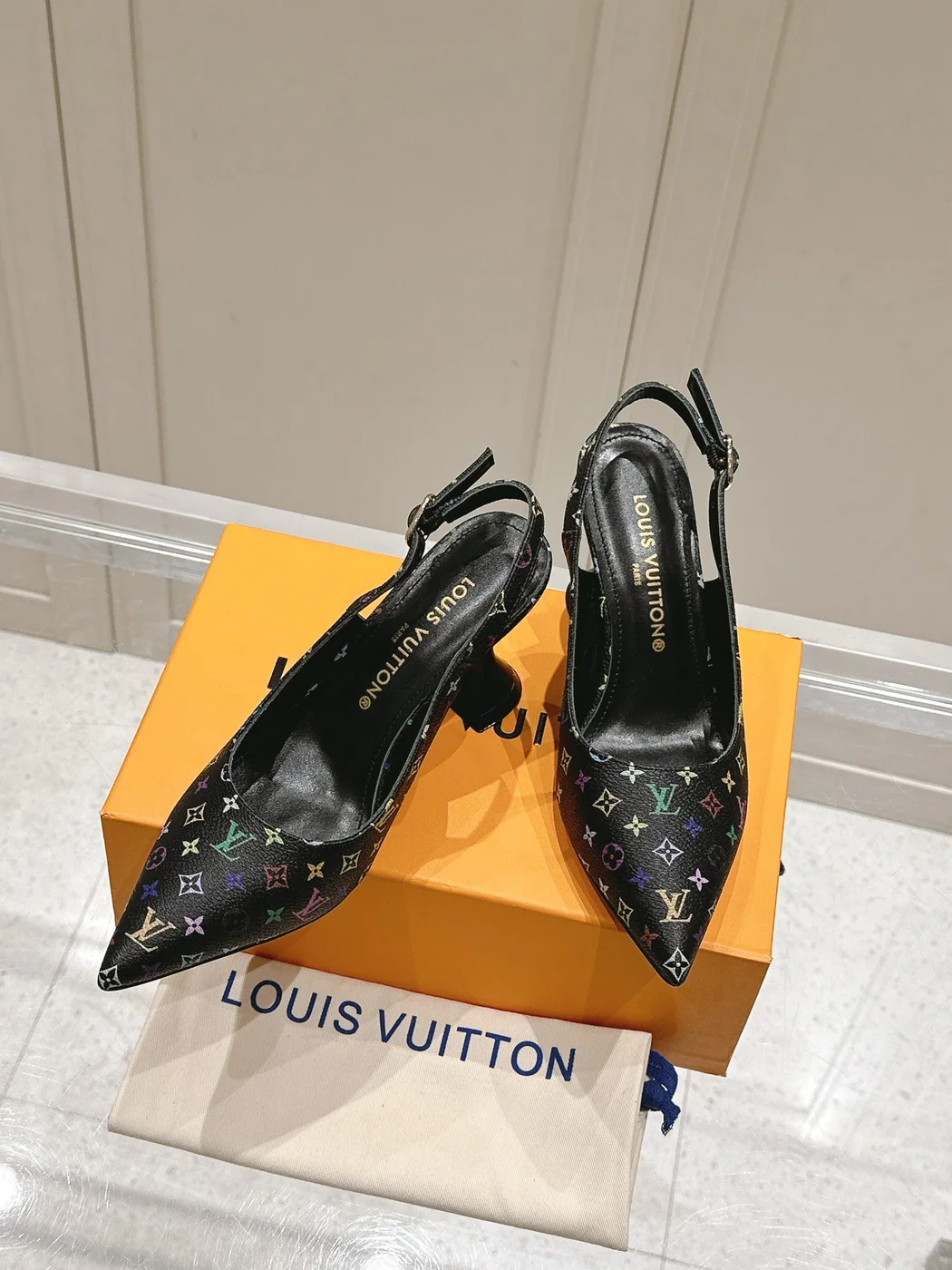 Louis Vuitton Women Black Patterned Leather Heels — Multicolor Pattern product view 5